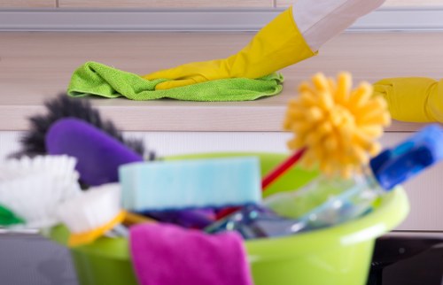 Local cleaner handling kitchen and bathroom reset for an Airbnb in Canary Wharf