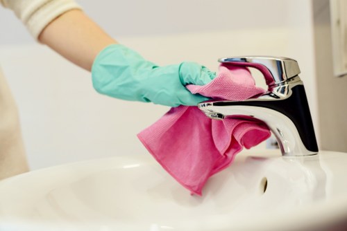 Professional domestic cleaner preparing a living room in Canary Wharf