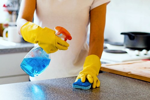 Cleaning team working in a Canary Wharf flat after renovation