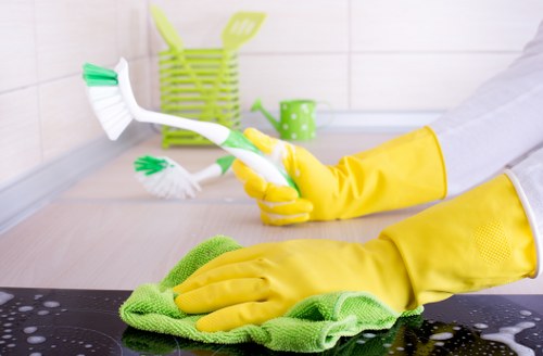 Cleaner dusting and tidying a bright kitchen in Canary Wharf